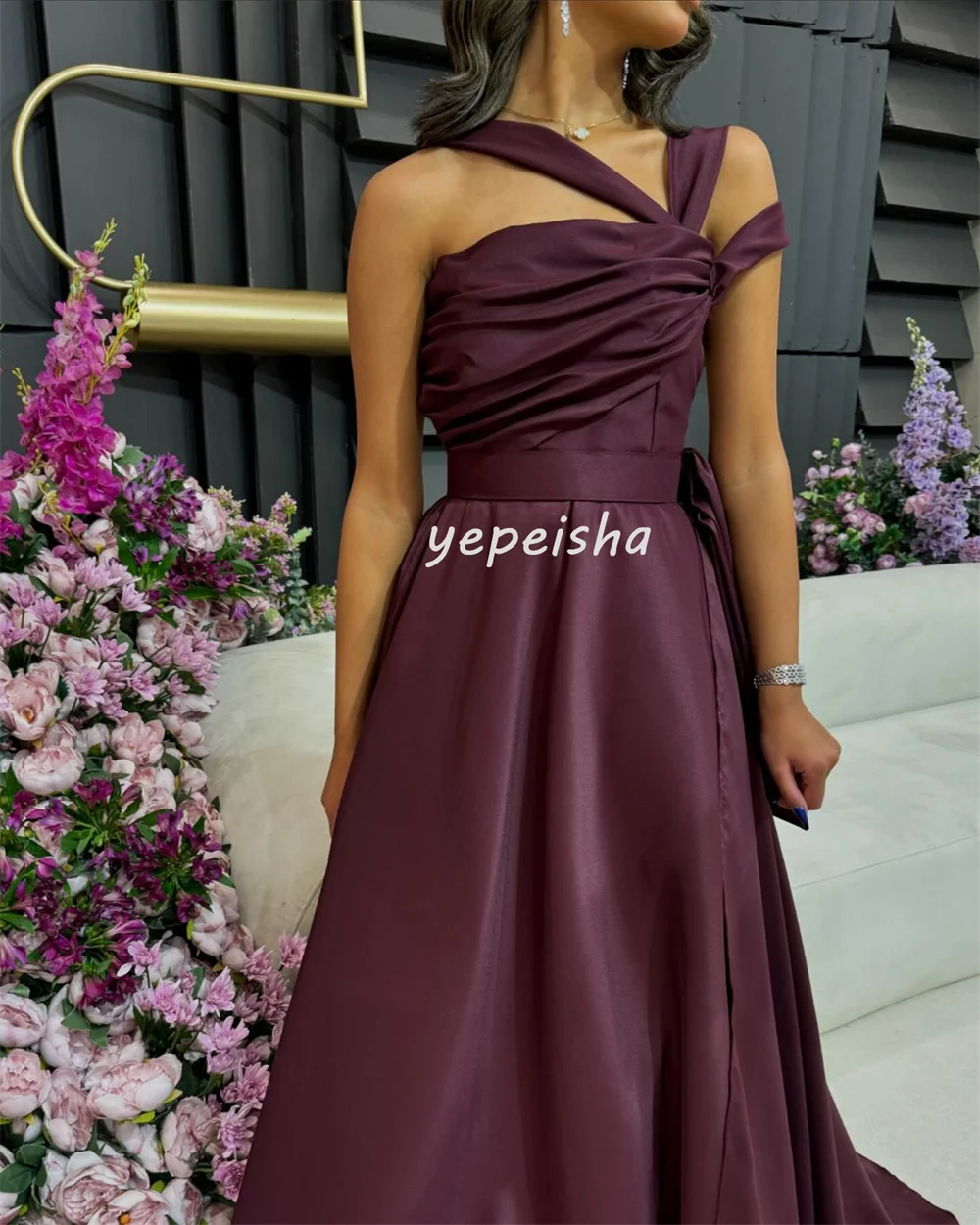 Customized Modern Style Fashion Pleat Sash Draped A-line One-shoulder Long Dresses Bespoke Occasion Dresses Exquisite Elegant