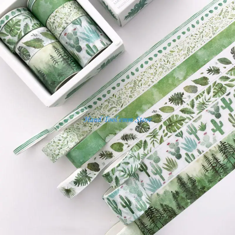 h37f-8pcs-green-leaves-cactus-tape-decorative-holiday-craft-stickers-colorful-tape-for-art-diy-scrapbook-journal-album