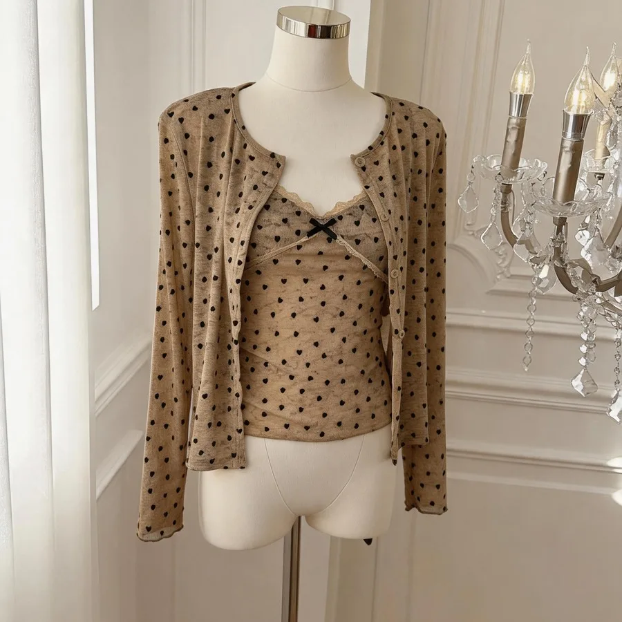 Sun Protection Long Sleeve Heart Patterned Polka Dot Open Cardigan Vest Top Set Women's Knitted T-shirt Standard Fit Autumn Wear