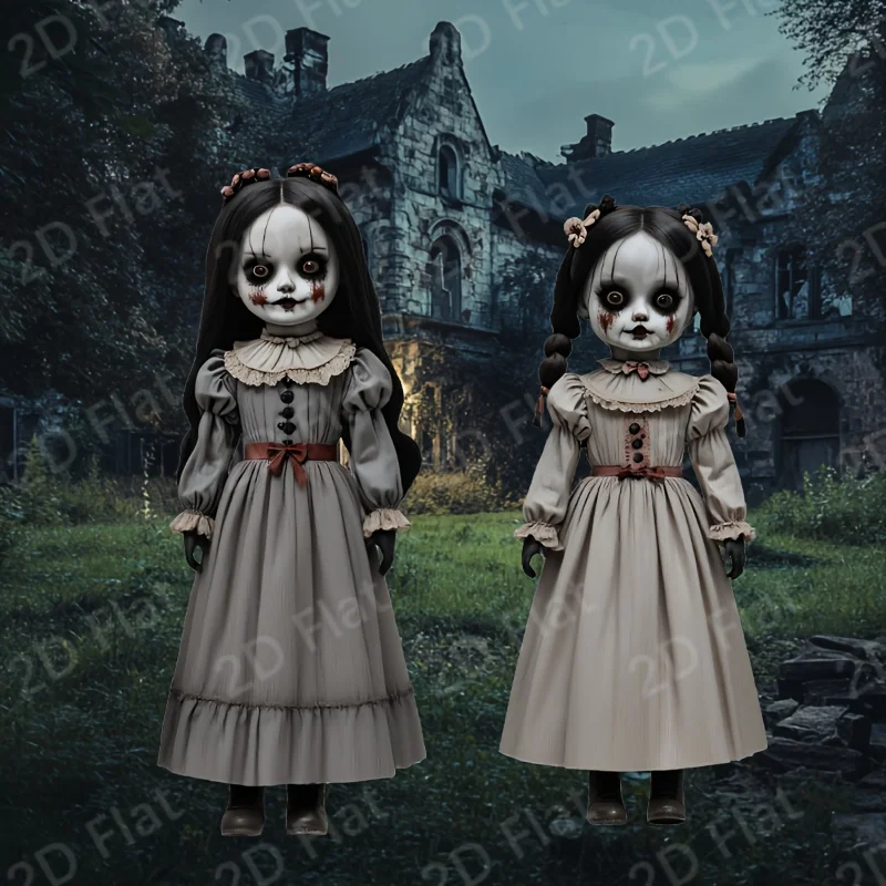 2-piece set, 2D flat, horror doll garden plastic bracket for outdoor decoration, suitable for lawns, yards, Halloween, Christmas