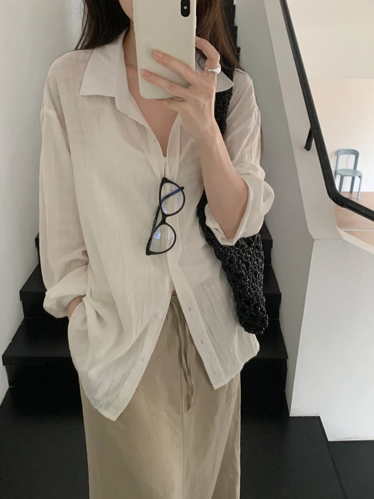 

2 Colors korean ins style breif long sleeve blouses 2024 Autumn womens tops and blouse Casual turn Down Collar Tops(X3459)