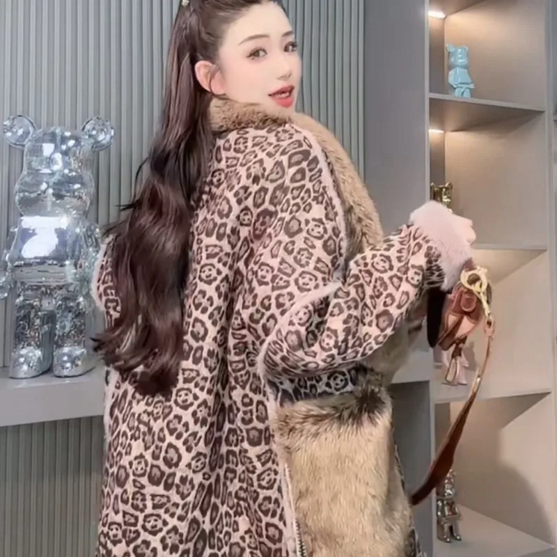 2025 Winter Coat New Fashion Autumn Winter Furry Collar Leopard Print Woolen Integrated Warm Comfortable Faux Fur Jacket Outwear