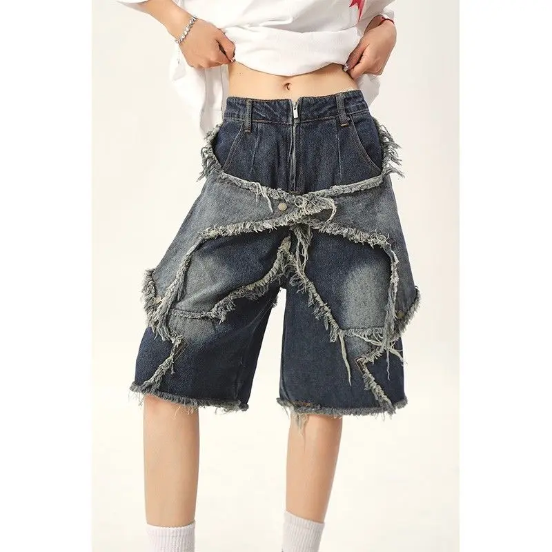 

Retro Breasted Five-pointed Star Men's New Button Zipper Pocket Loose Heavy Industry Design Five-point Denim Shorts