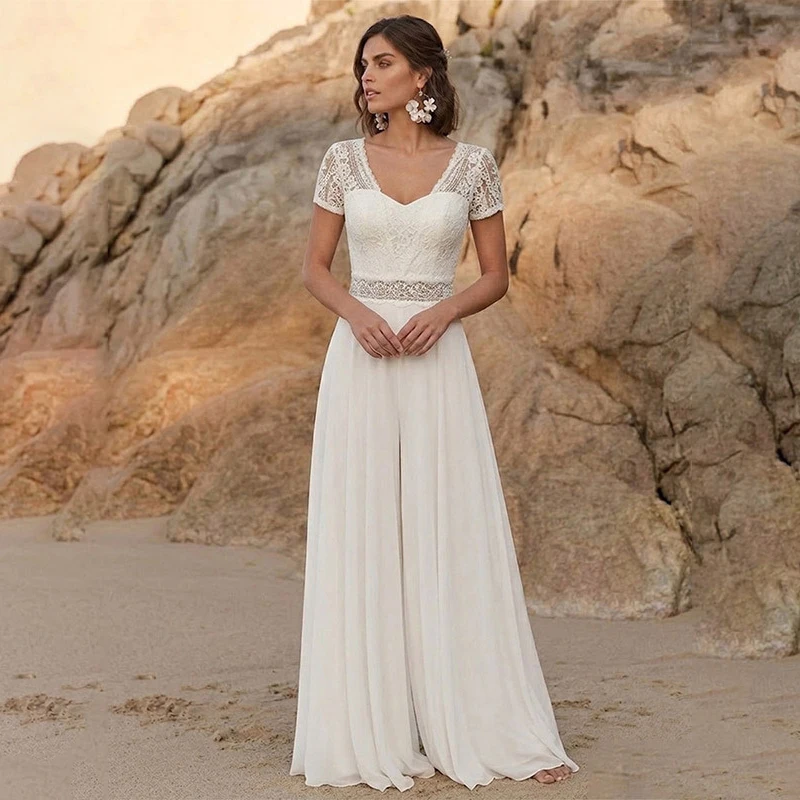 Vestido de novia boho encaje manga corta gasa espalda en V vestido de playa elegante vestido de boda simple blanco novia elopement vestido personalizado estilo ligero romántico moderno chic para ceremonia estilo bridal