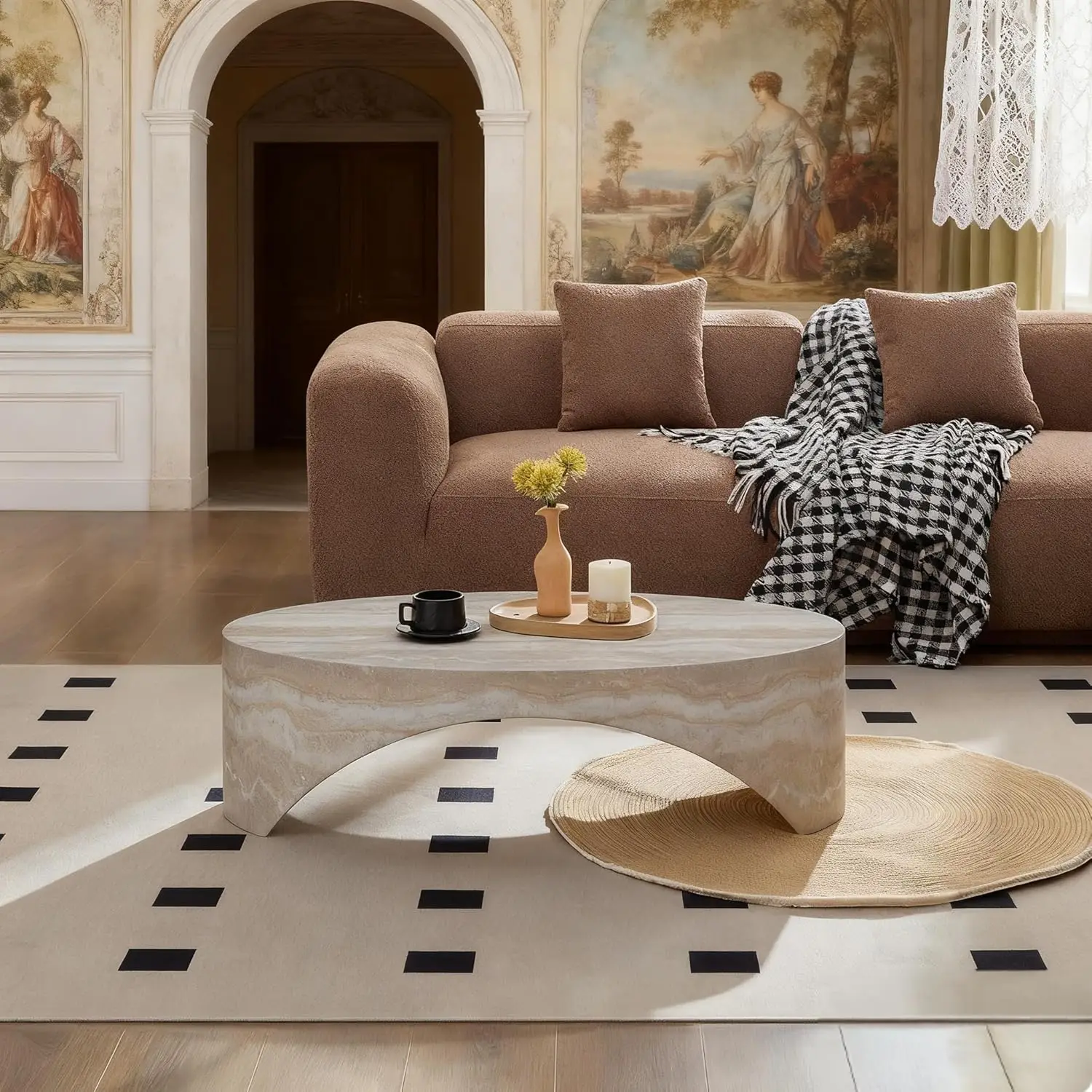 

43.31" Modern Arched Coffee Table in Faux Marble, Luxury Fiberglass Accent Table, Stone Bridge Oval Coffee Table