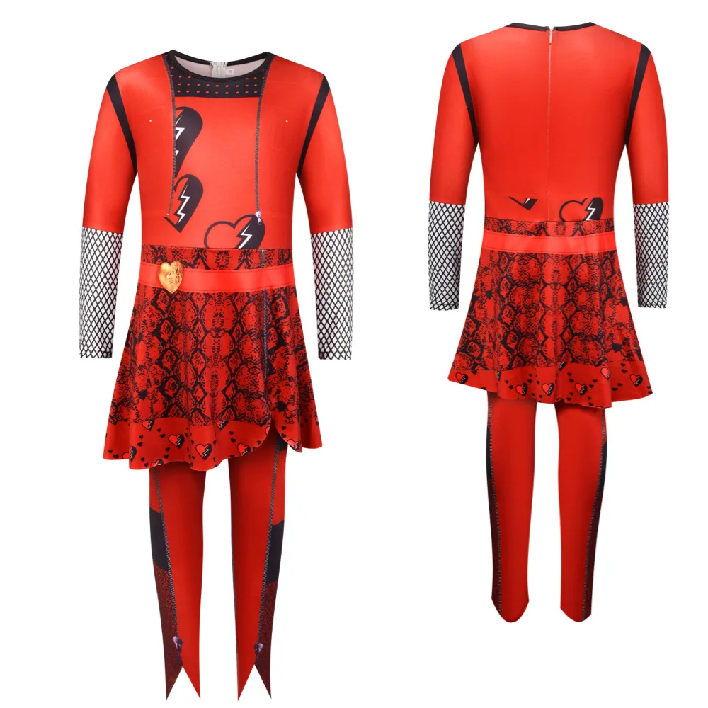 Halloween Descendants 4 The Rise of Red Cosplay Costume for Girls Carnival Disguise Party The Same Red Bodysuit Suit and Wig set