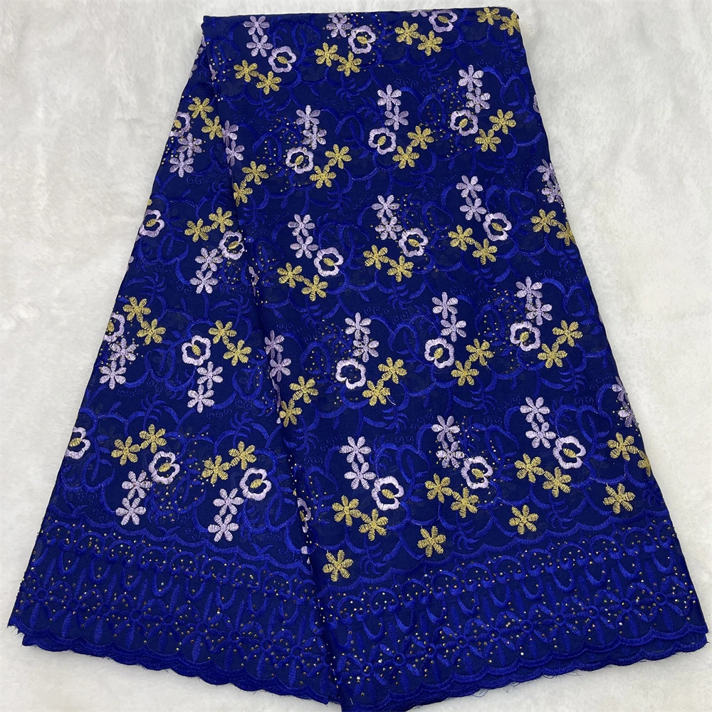 Premium African Cotton Lace Fabric Black Base Purple White Floral Embroidery Swiss Voile With Stones For Wedding Party Dresses