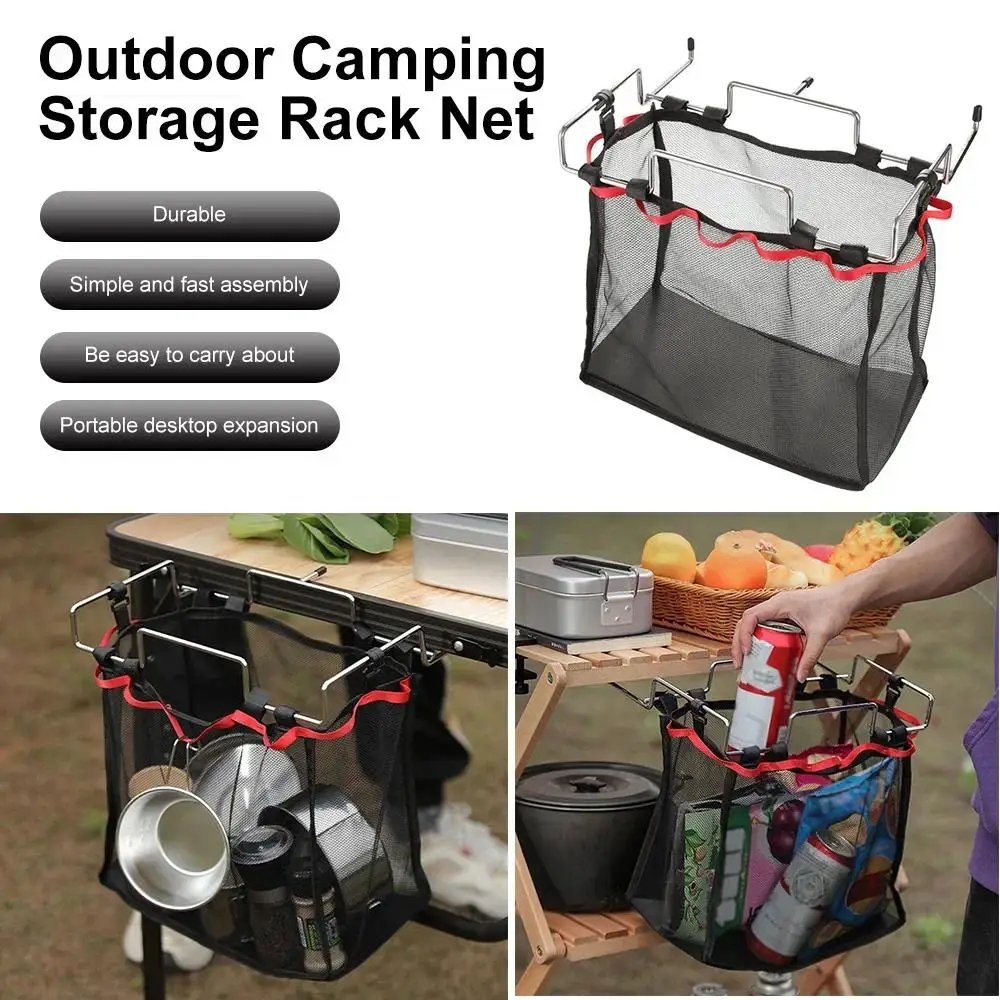 Outdoor Camping Storage Rack Table Kitchen Storage Mesh Bag Picnic Storage Rack Barbecue Tools Foldable Camping Storage Mesh