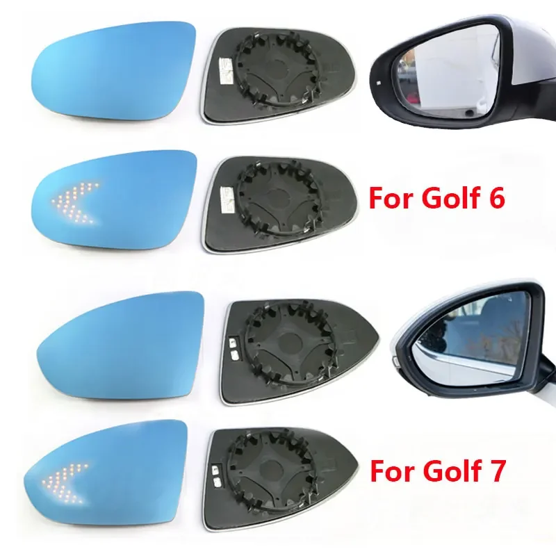 For VW Golf 6 MK6 7 MK7 Car Rearview Side Mirror Blue Glass Lens WIth Wide Angle View Anti-glare Heating 2PCS