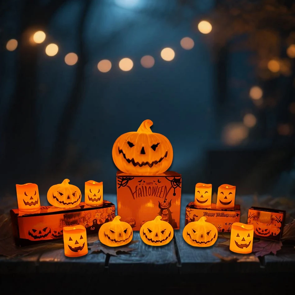 Luzes de abóbora LED para Halloween, Jack-O'-Lantern, pequenas luzes de chá cintilantes laranja, para Halloween, decorações de festival de outono