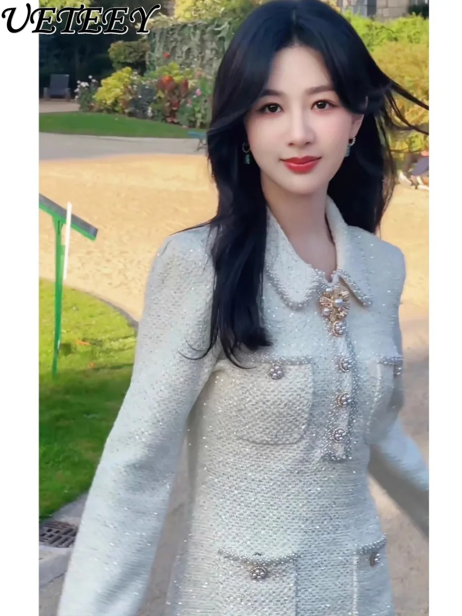 2024 Autumn Winter Celebrity French Gentle Sweet Slim Woolen Dress Women Niche Design Fashion Sequined Lapel Long Sleeve Dress image 2
