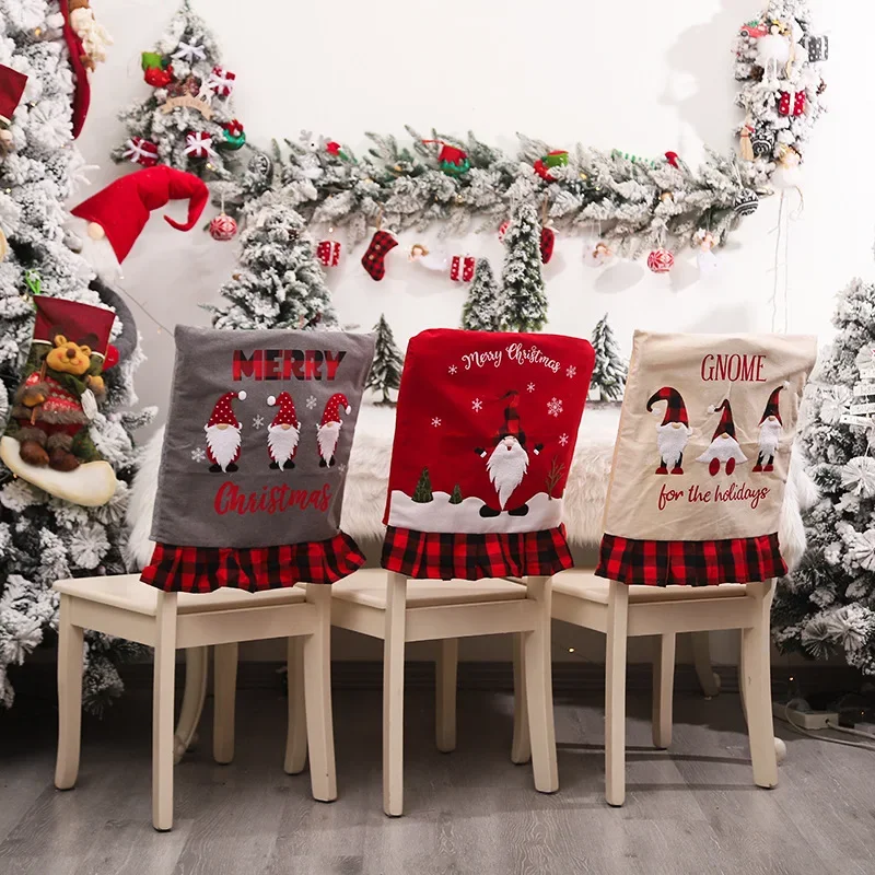 2024 New Christmas Decorations Gingham Chair Back Covers Linen Machine Embroidery Faceless Elderly Chair Covers