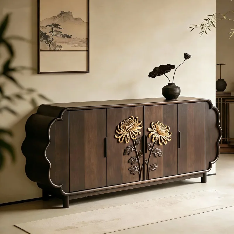 Black walnut porch cabinet Song-style aesthetics chrysanthemum dining side cabinet high-end solid wood furniture