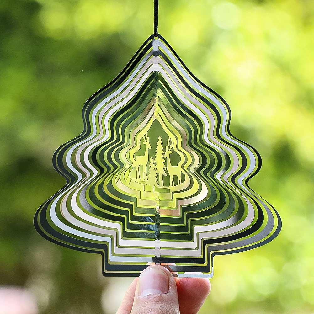 

10cm Christmas Tree Elk Wind Spinner 3D Rotating Wind Chimes Mirror Reflection Effect Weathervane Outdoor Yard Hanging Decor