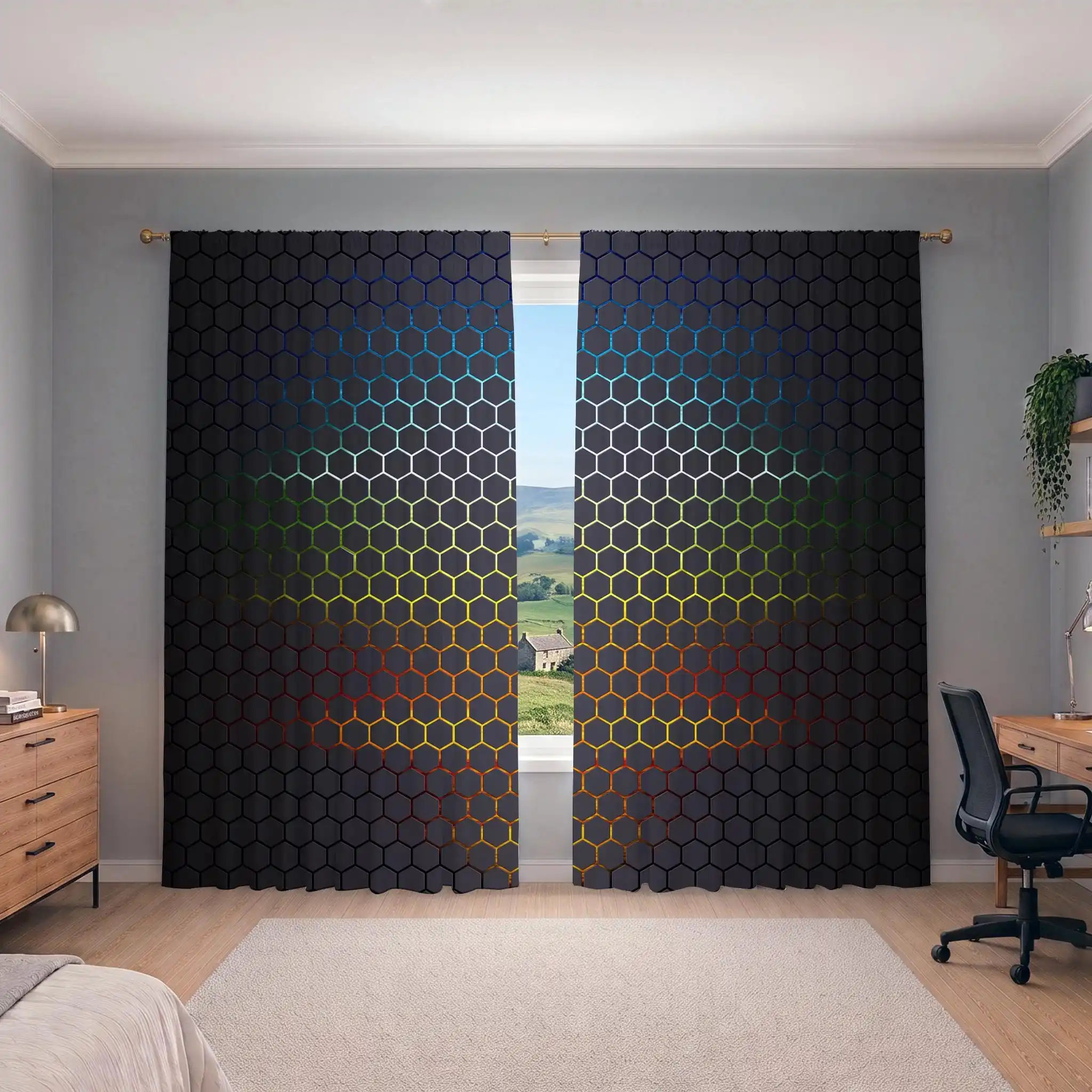 Modern Hexagon Pattern Curtains for Living Room Home Decor Semi-Sheer Window Drapes