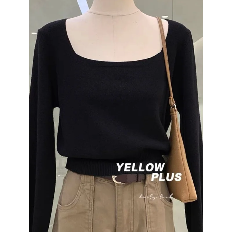 Pumpkin Color Versatile Square Collar Base Lazy Style Long-sleeved Sweater Thin Sweater Fashionable Underwear Top for Women