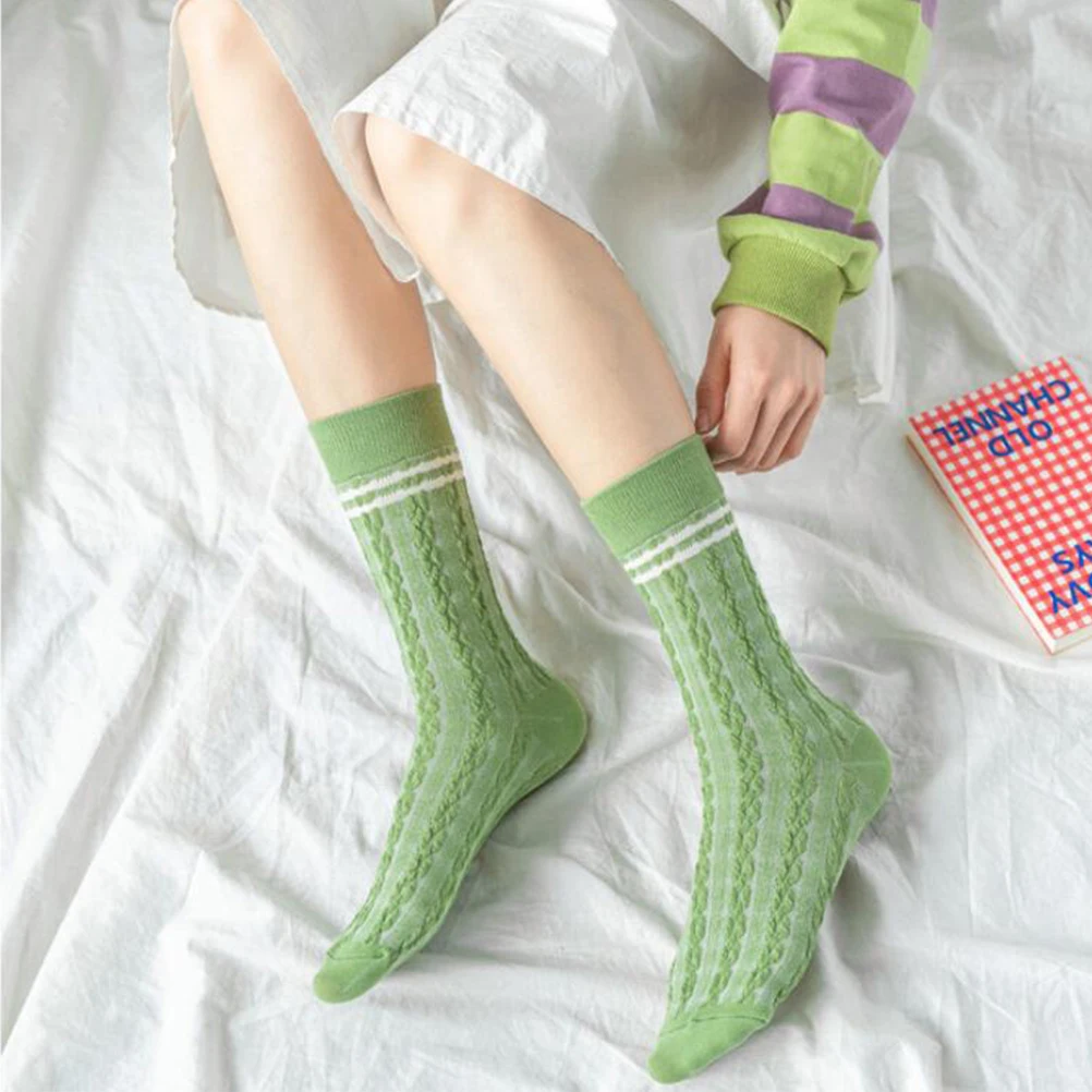 

3pcs Women Cotton Socks Medium Tube Stockings Stripe Green Pattern Creative Warm Soft Durable Novelty Socks For