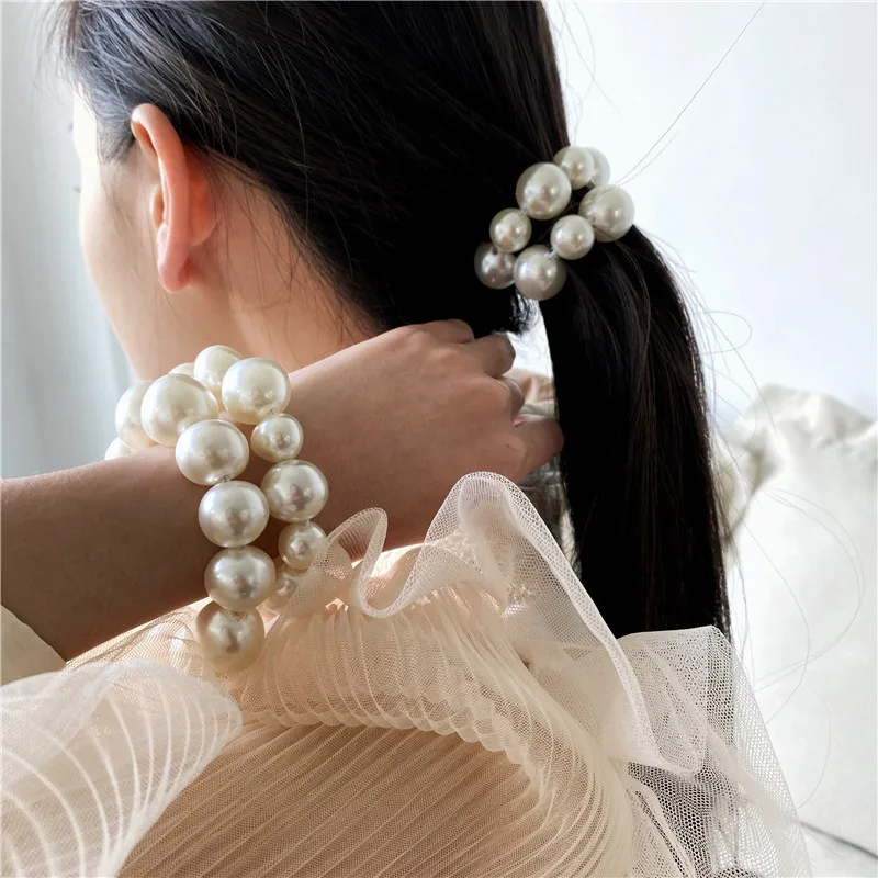 Woman Elegant White Pearl Hair Ties Elastic Hair Rope Girls Scrunchies Rubber Bands Ponytail Holders Headdress Hair Accessories