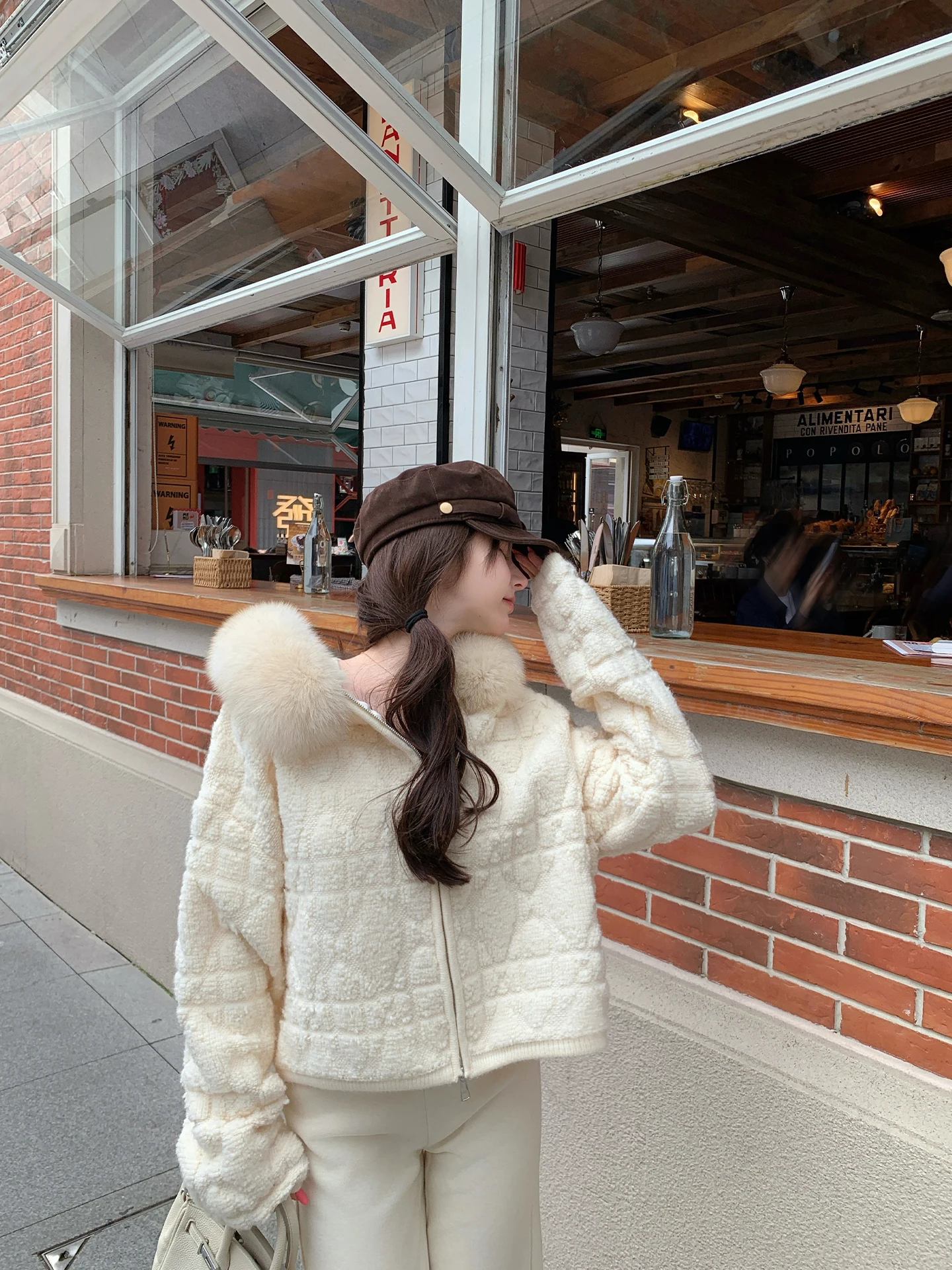 

Daisy Home Diamond id Hooded Fur Collar Zipper Knitted Open Cardigan Soft Cozy Women's Outerwear Casual Sle ort Length