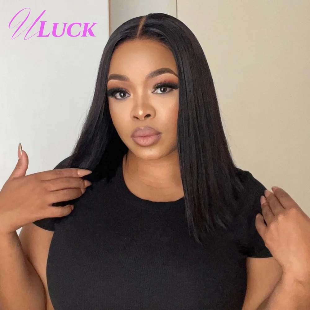 วิกผมบ๊อบตรง Uluck วิกผมแท้แบบ Double Drawn ความหนาแน่น 200% วิกผมลูกไม้ด้านหน้าแบบ 13x4 พร้อมไรผมธรรมชาติสำหรับผู้หญิงผิวสี