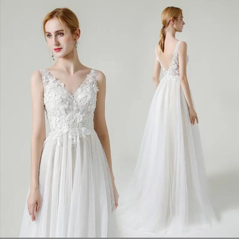 

Lace Appliques V-Neck Wedding Dresses Long Court Train A-Line Robe De Mariée Bride Gown Vestidos De Novia