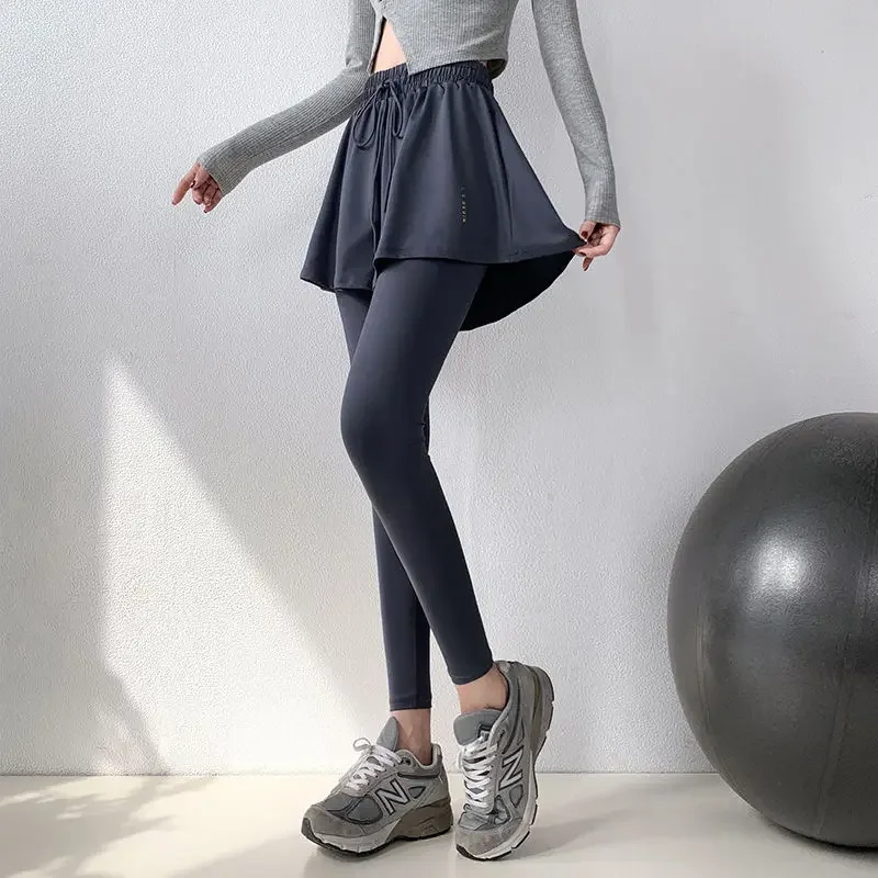 Pantaloni slim a vita alta da donna primaverili in due pezzi finti Pantaloni fitness con forza elastica in vita con coulisse in vita tinta unita