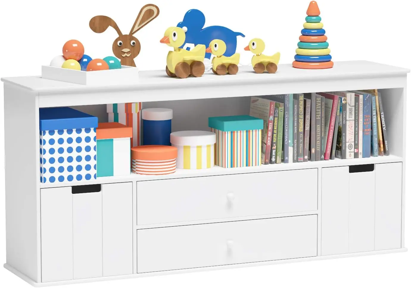 

Toy Storage Organizer 51.9 Inch with 2 Drawers Wooden Bins Kids Bookshelf for Reading Storing Playing