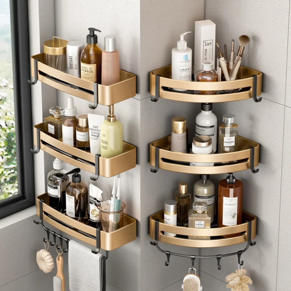 Luxury Bathroom Shelves Set Triangle Corner Shower Storage Holder Wall Shelf Toilet Rack Organizer Bathroom Furniture Sets Gold