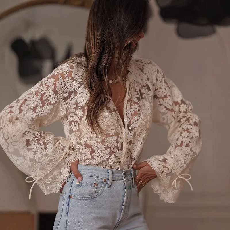 

Elegant Lace Sheer Long Petal Sleeve Tops Blouse Women V-Neck Spring Summer Floral Hollow Fairycore Single Breasted Tops Outfit