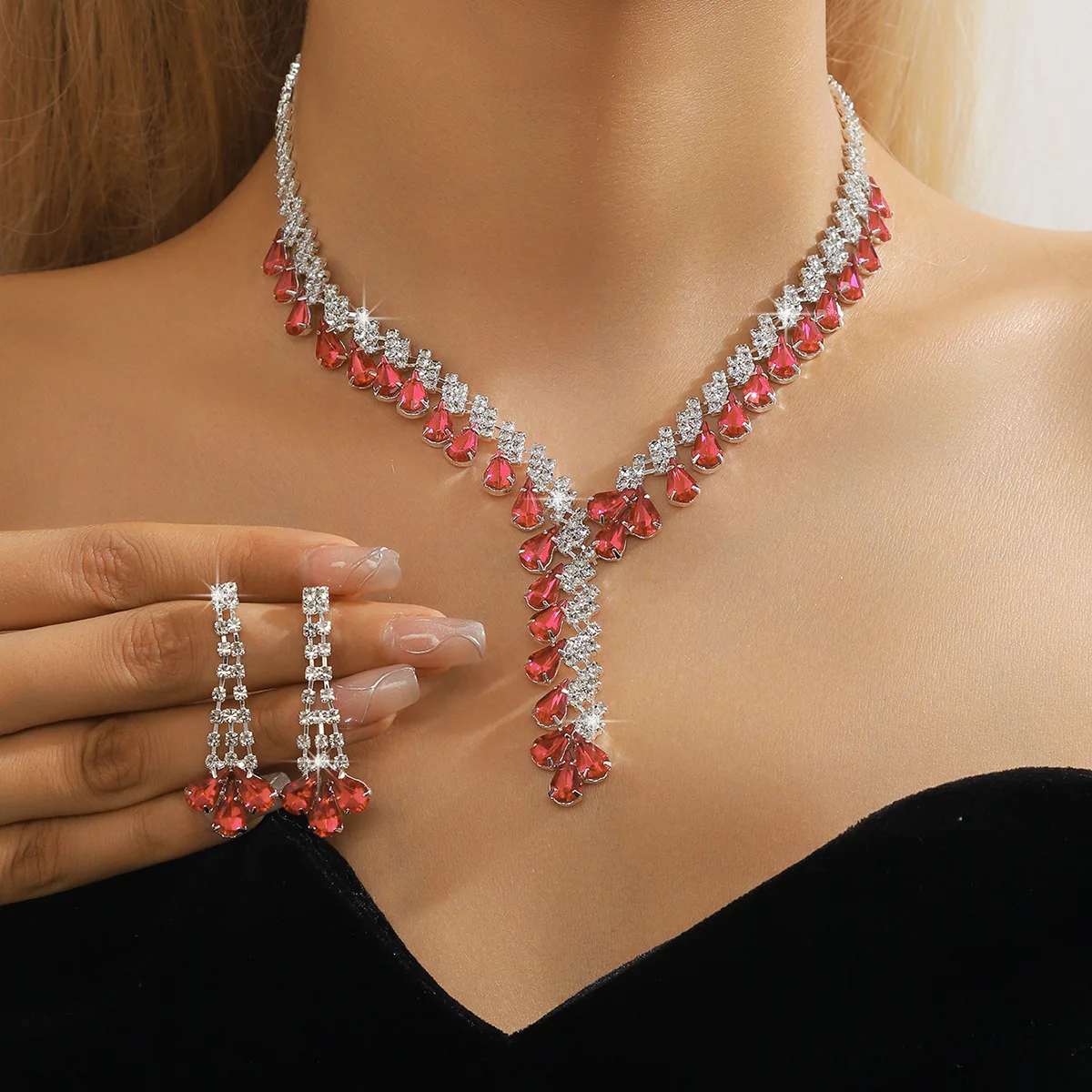 Premium Rose Pink Rhinestone Necklace Earrings Set Women's, Necklace Earrings Two-piece Set, All Copper