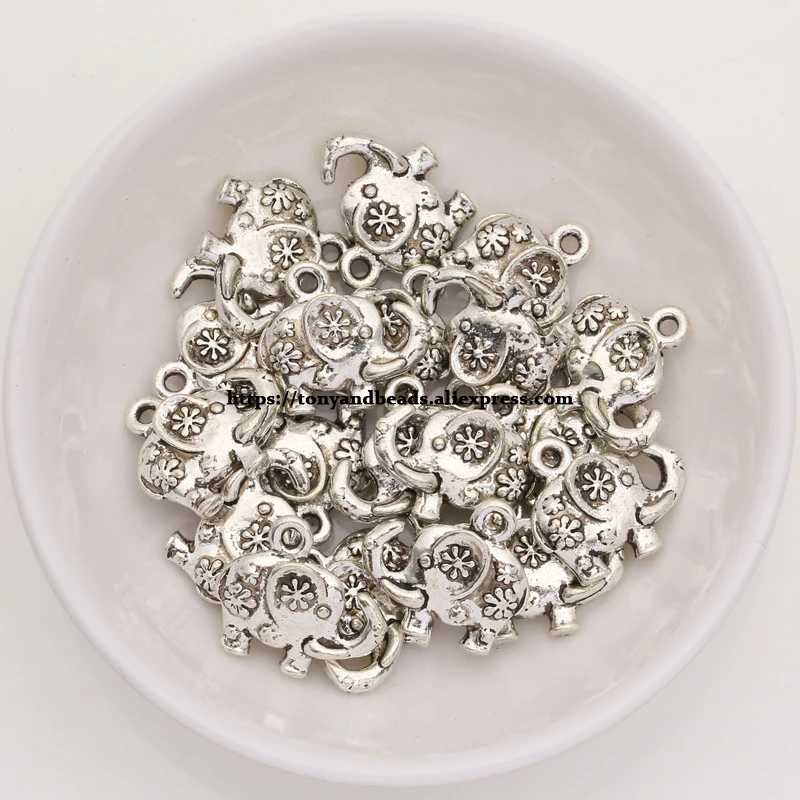 (50Pcs/Lot) Zinc Alloy Tibetan Silver European Charm Flower Elephant-Shape Pendant Size 16X15mm ZN42809