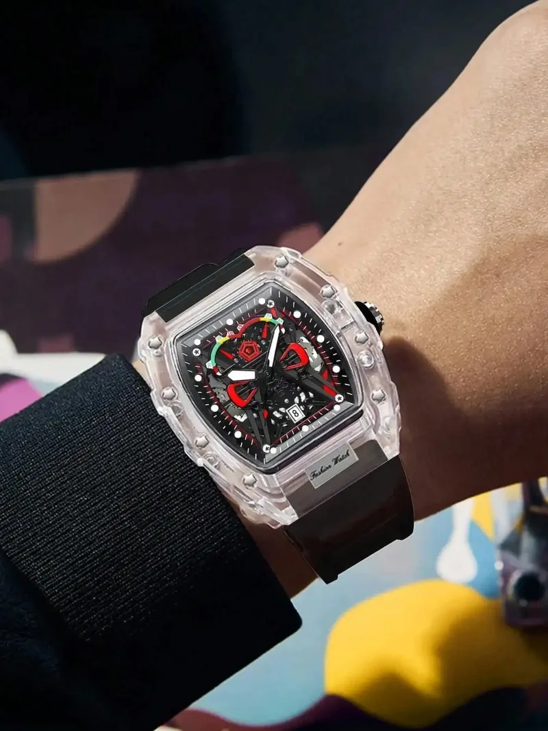 جديد الرجال كوارتز ساعة شفافة حالة سيليكون حزام مضيئة التقويم ساعات المعصم الترفيه الرياضة نمط ساعة كوارتز للرجال