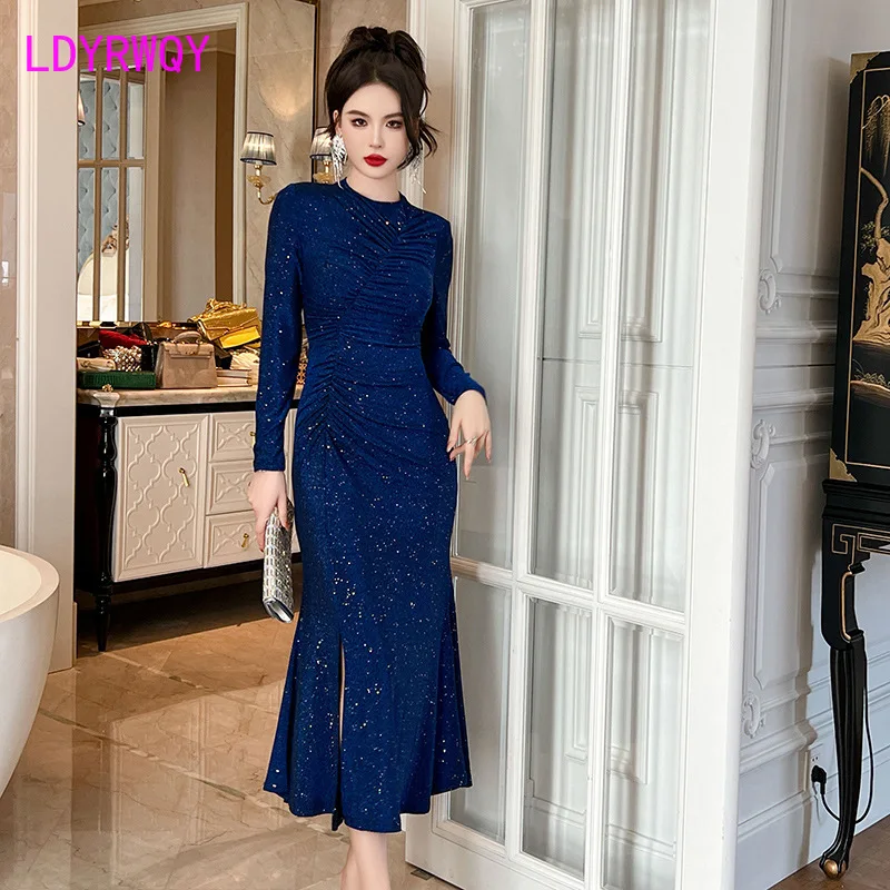 New French round neck pleated slim fit slit sequin dress for the 2024 autumn party dress