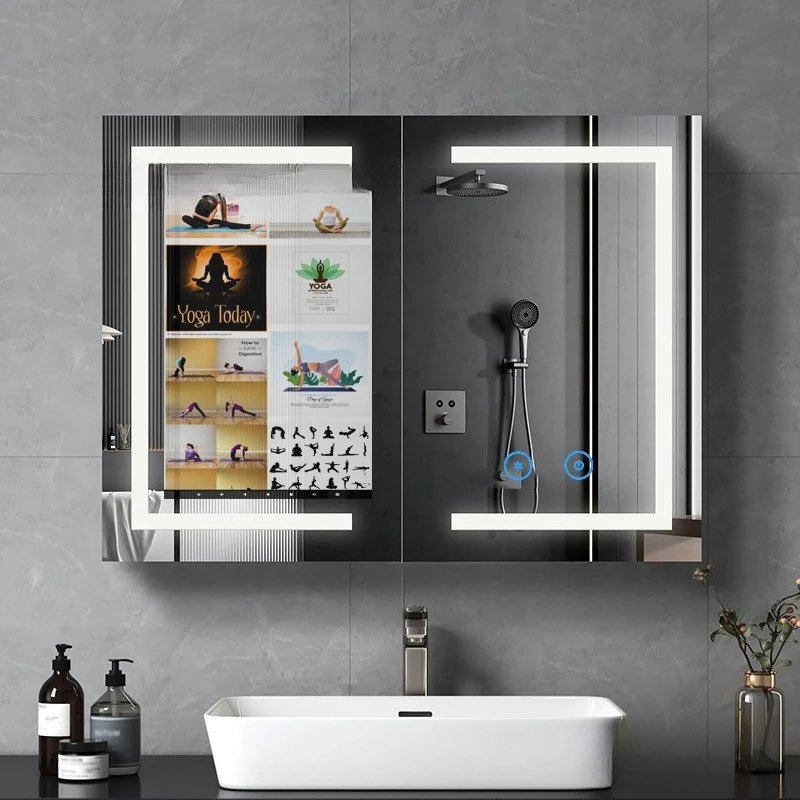 

Bathroom Mirror Cabinet With Smart Mirror Touch Screen Smart Home Bathroom Cabinet Double Door Storage Cabinet Stainless Steel