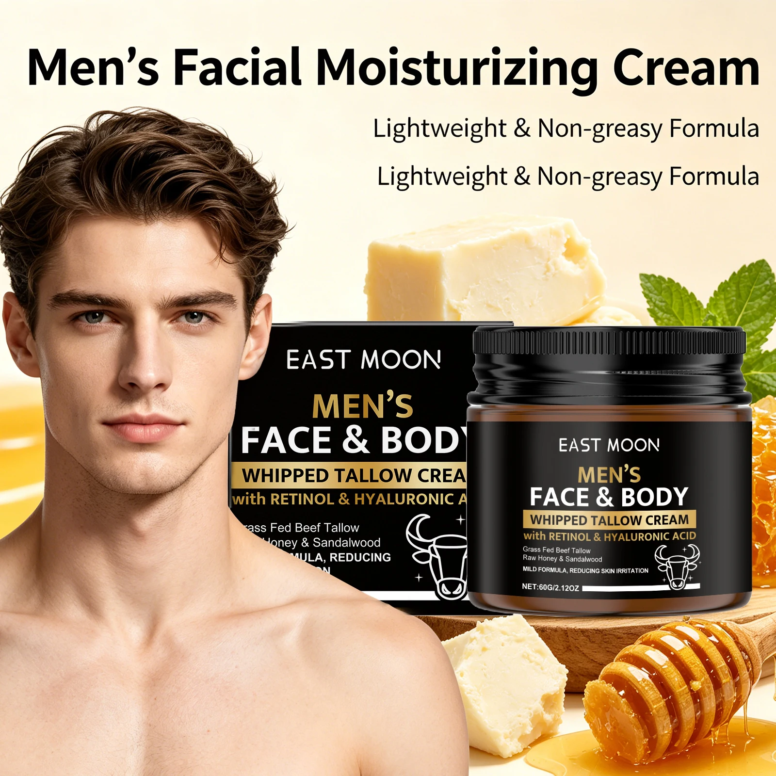 Men’s Whipped Beef Tallow Cream 60g Beef Tallow and Honey Balm Moisturizing After Shave Soothing Face & Body Repair Cream