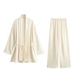 2024 Summer New Product Women's Fashion Folded Kimono Coat with Tie, Slim and Small, Pleated Straight Leg Pants Casual Set