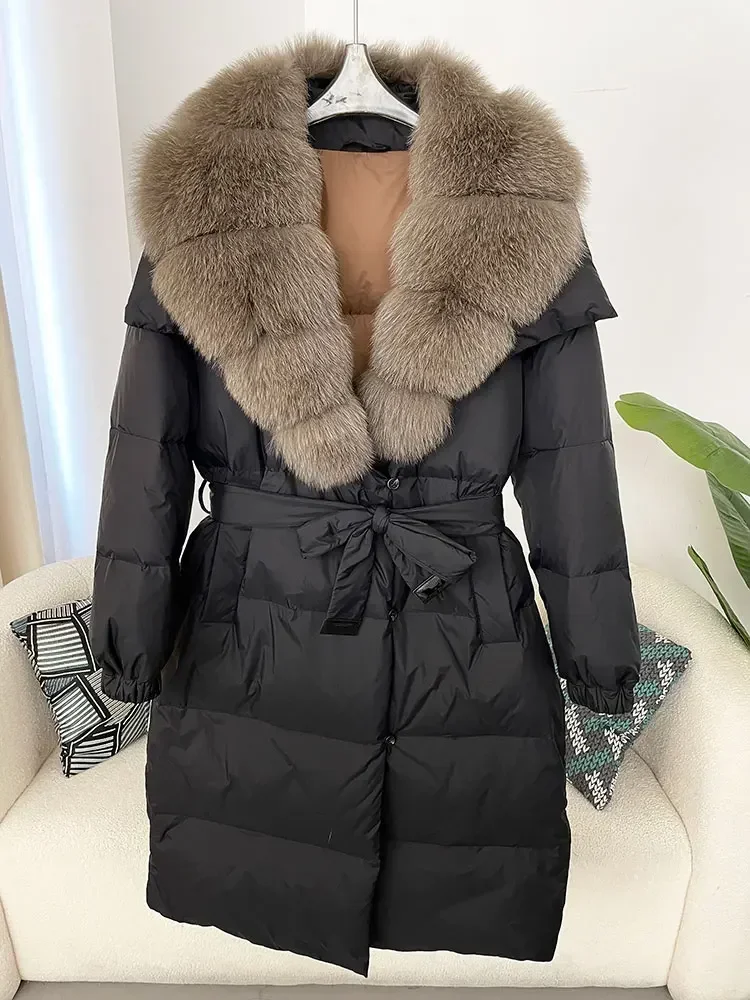 MENINA 2024 Winter Jacket Women Natural Real Fox Raccoon Fur Collar 90% White Duck Down Coat Thick Warm Belt Casual Outerwear