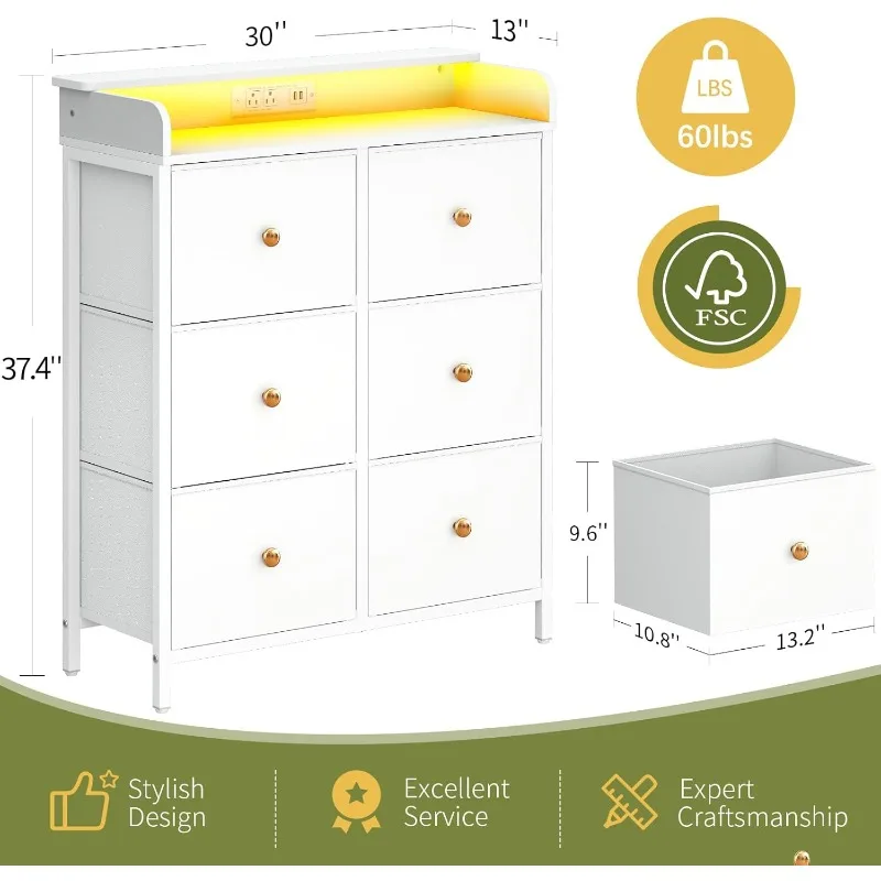 Dresser for Bedroom with Charging Station, 6-Drawer Chest Furniture with LED Lights, Fabric Dressers & Chests of Drawers