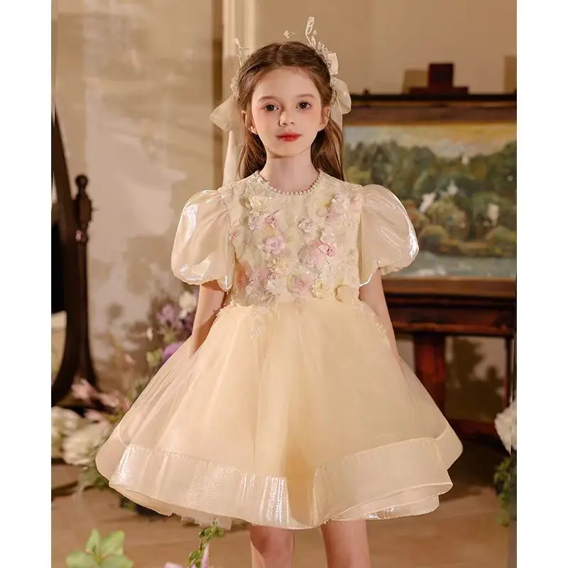 Jill Wish J504 ElegantChampagne 3D Flowers Girl Dress Beaded A-Line Princess Kids Wedding Birthday Performance Party Prom Gown