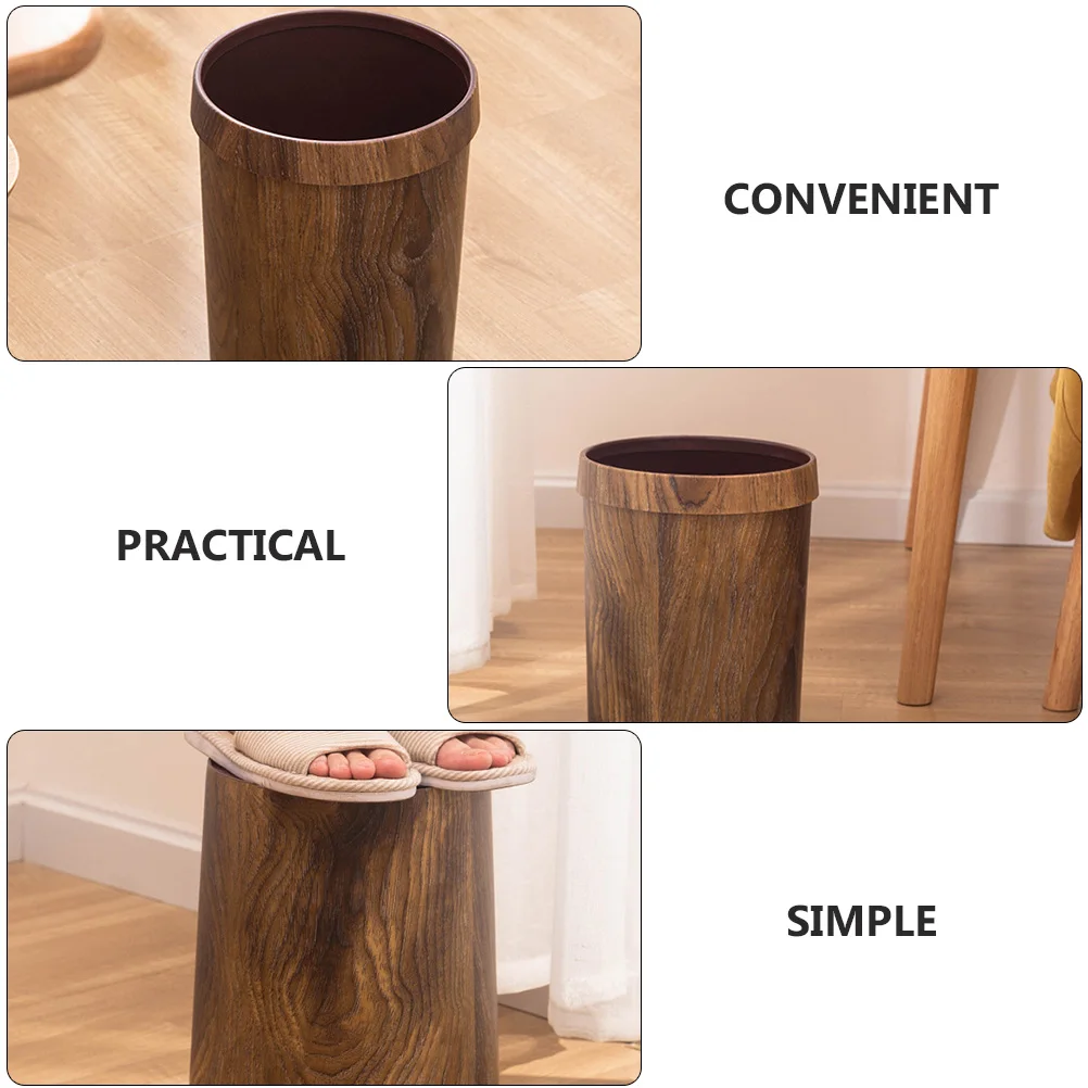 

Retro Style Garbage Can Imitation Wood Grain Trash Bucket Creative Kitchen Bathroom Waste Bin with Pressure Lid Ring