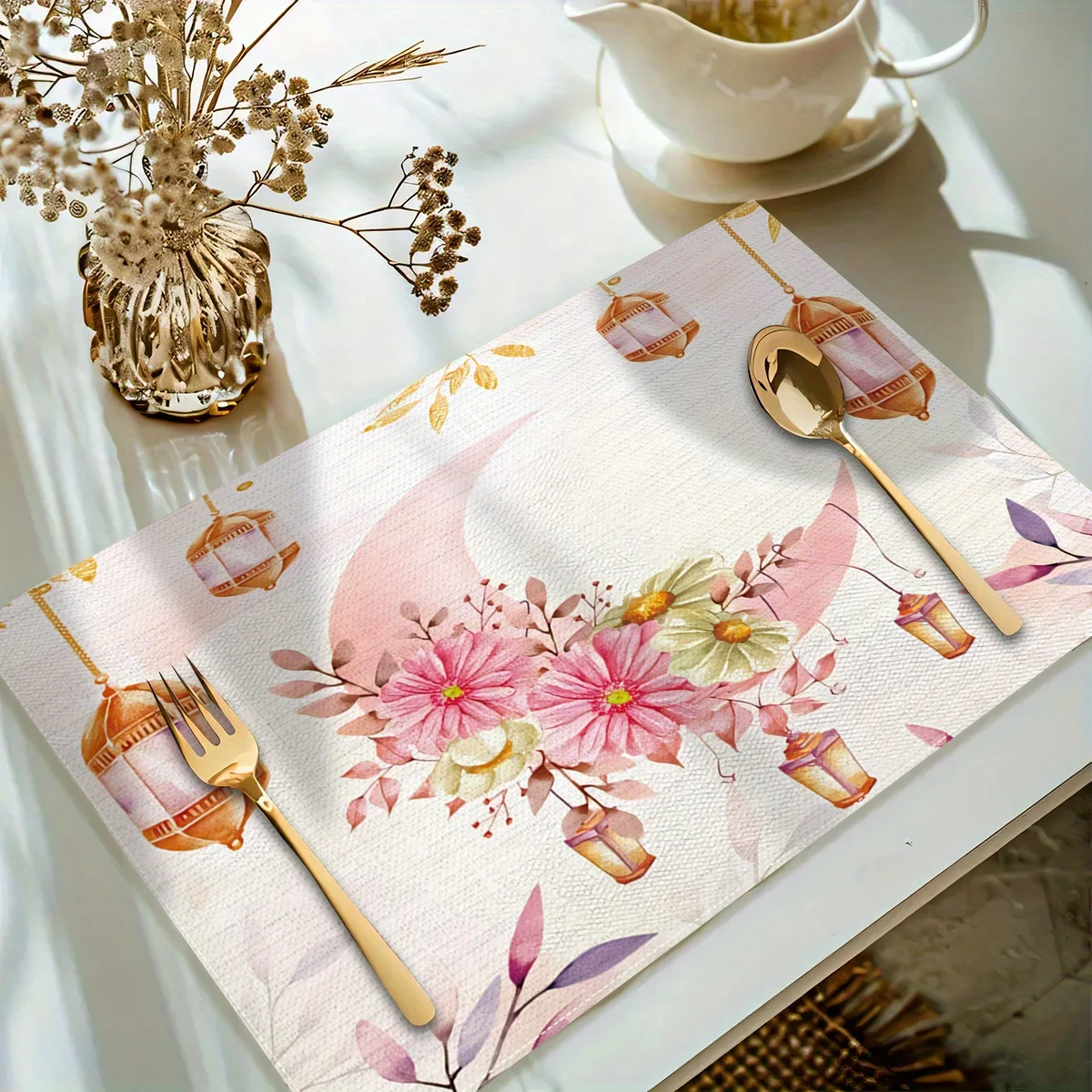 1PC Ramadan Kareem Linen Placemats - Heat-Resistant Non-Slip Rectangular Table Mats with Star Crescent & Floral Design