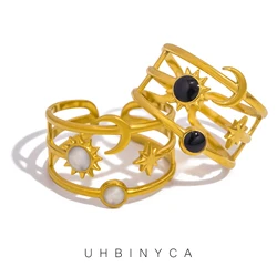Stylish Stainless Steel Sun Moon Star Hollow Open Personalized Ring Gold Color Chic Enamel Jewelry Gift