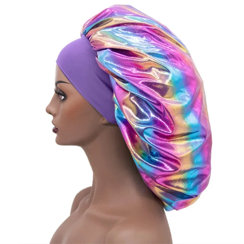 Women Large Sleeping Cap Laser Color Satin Elastic Bonnet Silky Bonnets Muslim Hijabs Lady Shower Cap Beauty Hair Care Cap