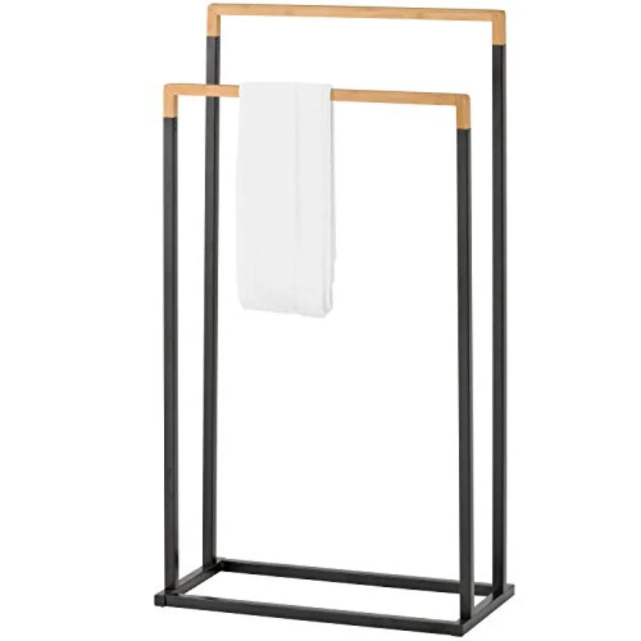 

33 Inch Standing Towel Rack Freestanding Bath Towel Holder with 2 Tier Bamboo Wood Bar and Black Chrome Plated Metal Drying Rac