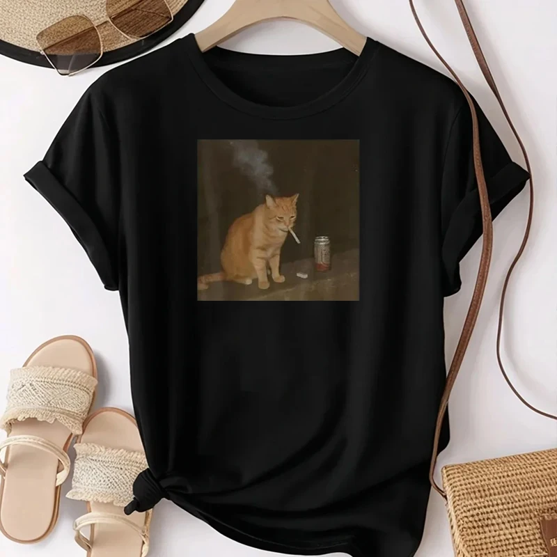Fashion Cat Smoking Cigarette and Beer Baddies Get Saddies T-Shirt Women Drinking Lover Y2k Design Graphic Outfit Tee