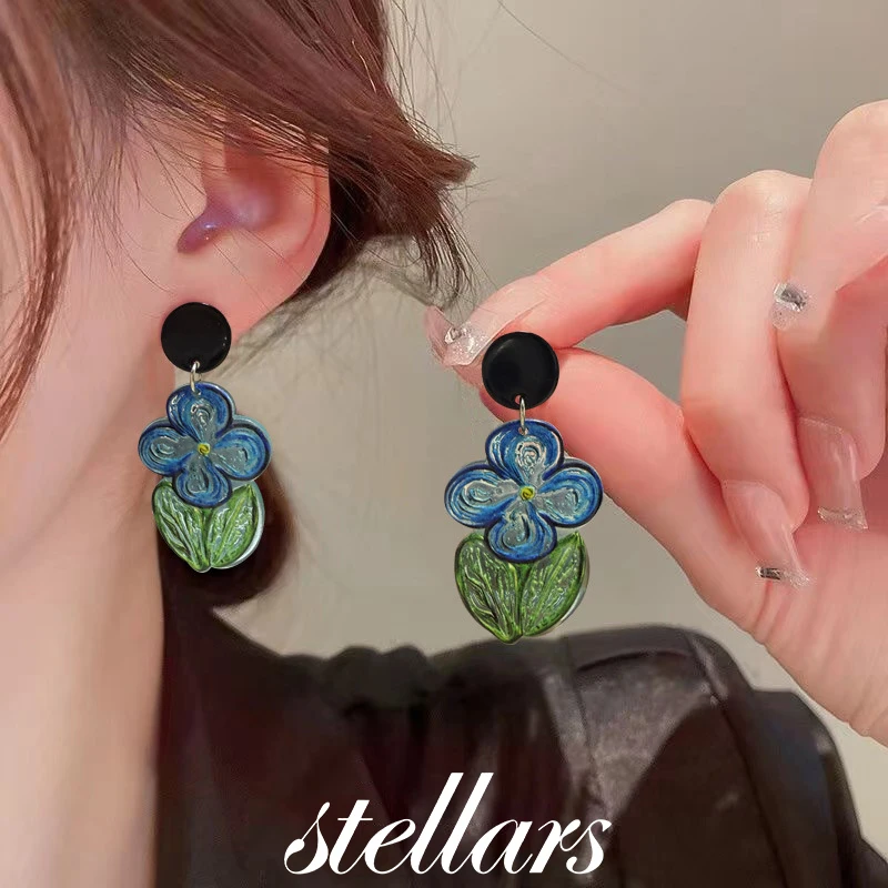 

Summer High-End Acrylic Blue Flower Earrings Fresh Natural Forest-Style Simple Versatile Women's Fashion Jewelry Accessory