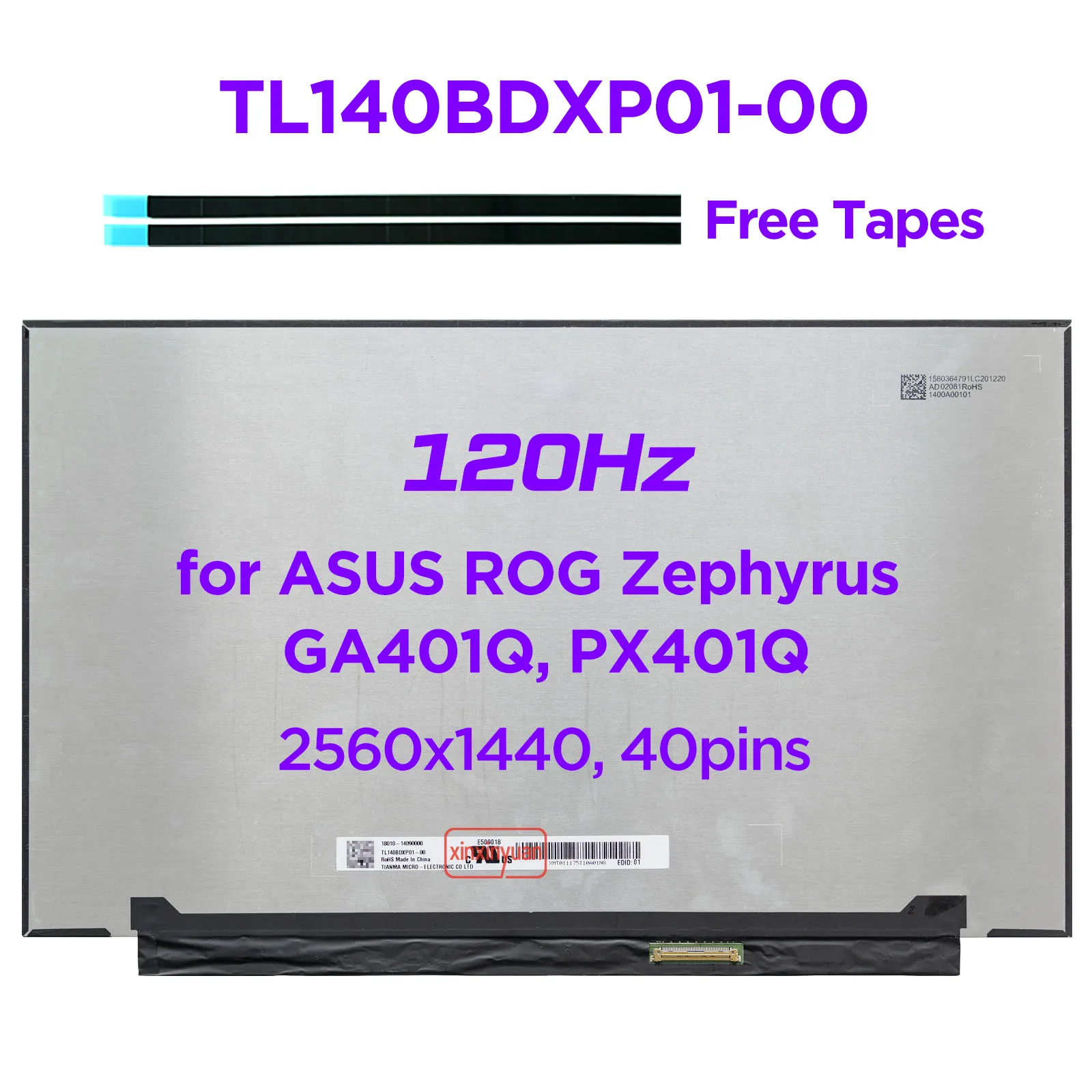 Tela Lcd do Portátil 120hz Tl140bdxp01 Tl140bdxp0100 para Asus Rog Zephyrus Ga401q Px401q 2560×1440 120hz Display 40 Pinos Edp 14.0