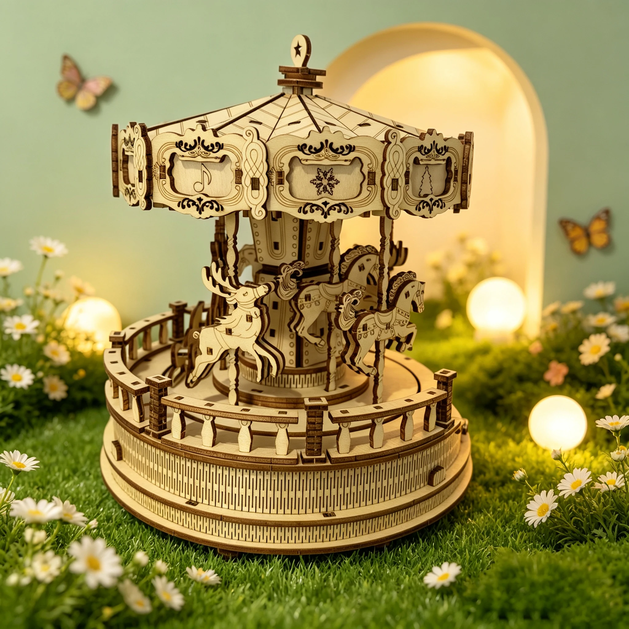 3D Wooden Puzzle Carousel Music Box, DIY Hand-Assembled Merry-Go-Round Model Kit,