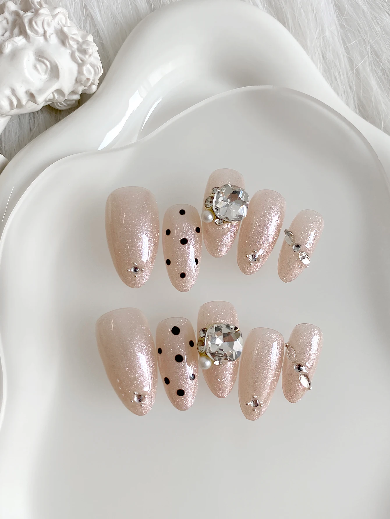 Handmade Press On Nails, Nude Glitter Medium Oval Fake Nails, Black Polka Dots Big Rhinestone Pearl Reusable Nail Tips