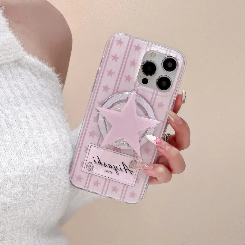 

Fashion Full Screen Pink Star Magsafe Magnetic Stand For iphone 15 pro max cases iPhone 13 case 12 Shockproof Protection Covers